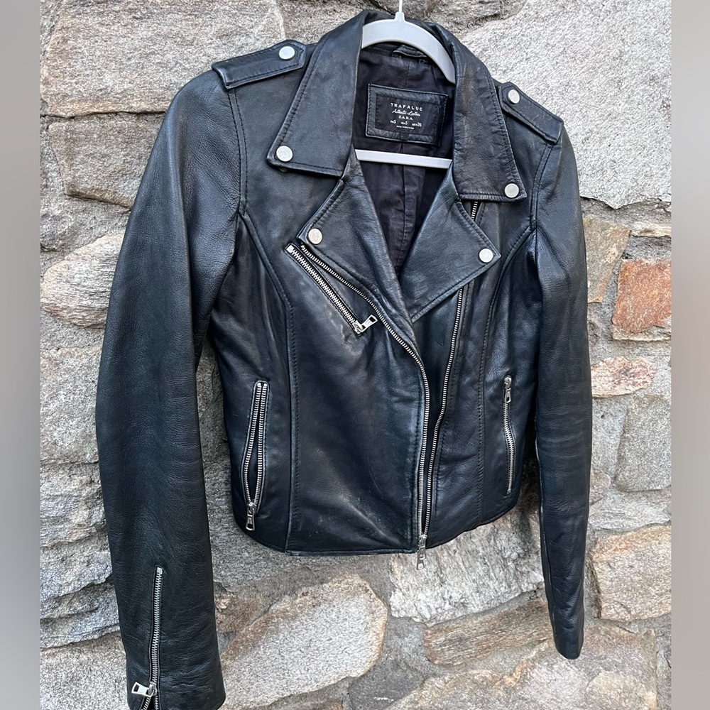 Zara Trafaluc Authentic Leather Distressed Moto Jacket
